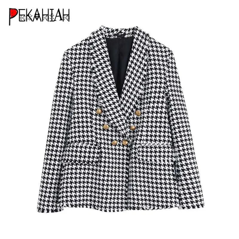

women elegant tassels Tweed Jacket women double breasted plaid coat autumn winter casual office work ladies jackets outwear