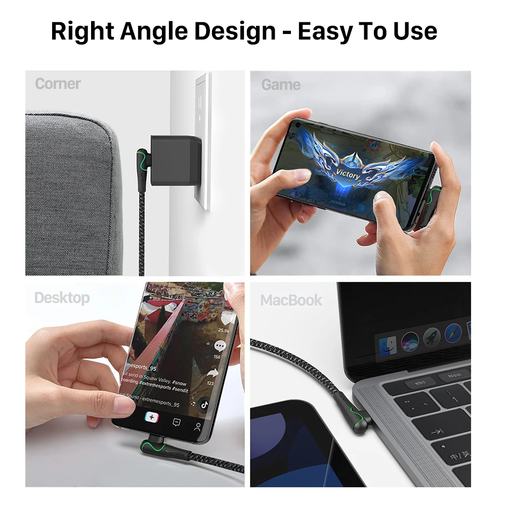 Enhanced Title: Premium 10ft USB C to USB C Cable with LED 7-Color Display and 90° Elbow Design, 100W Power Delivery, Nylon Braided Cord
