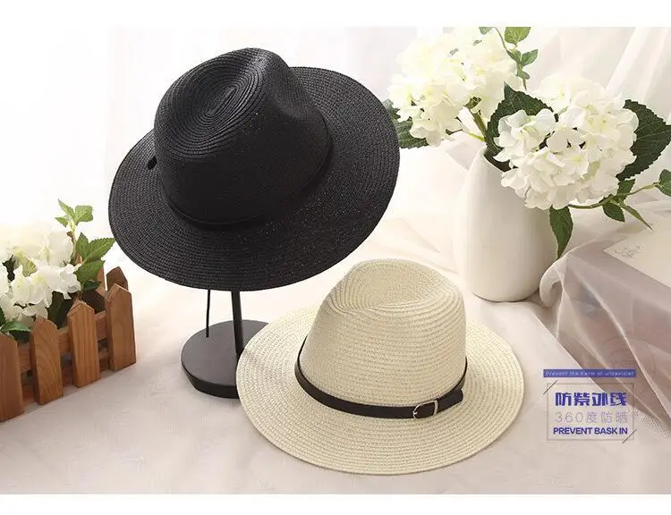 [OZyc] sombreros, женская летняя шляпа, мужская, классический черный пояс, Панама, солнцезащитные шляпы, пляж Джаз-шляпы, шляпы для женщин, женская шляпа