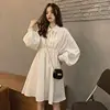 Robe coréenne à taille élastique pour femmes, vêtement d'été Simple, noir, manches lanternes, tendance, Preppy ► Photo 3/6