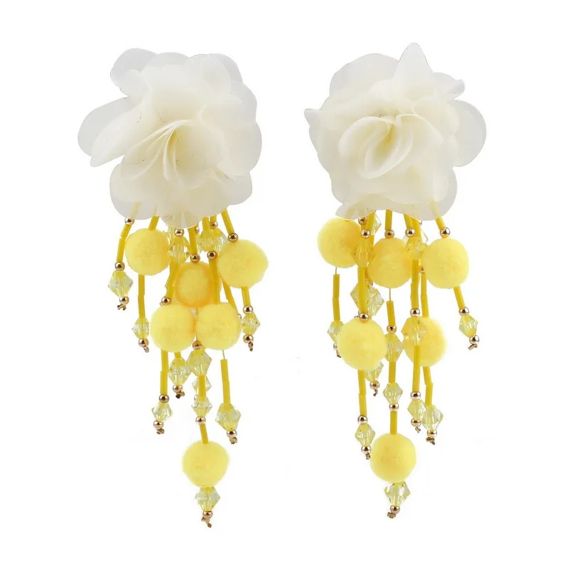 Chunky Cotton Pom Pom Ball Bead Pendant Drop Flower Earrings for Women