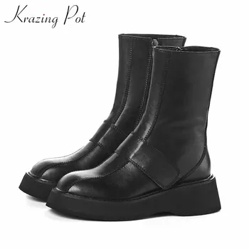 

krazing pot popular streetwear fashion cow leather boots round toe thick bottom Zipper winter keep warm women mid-calf boots L68