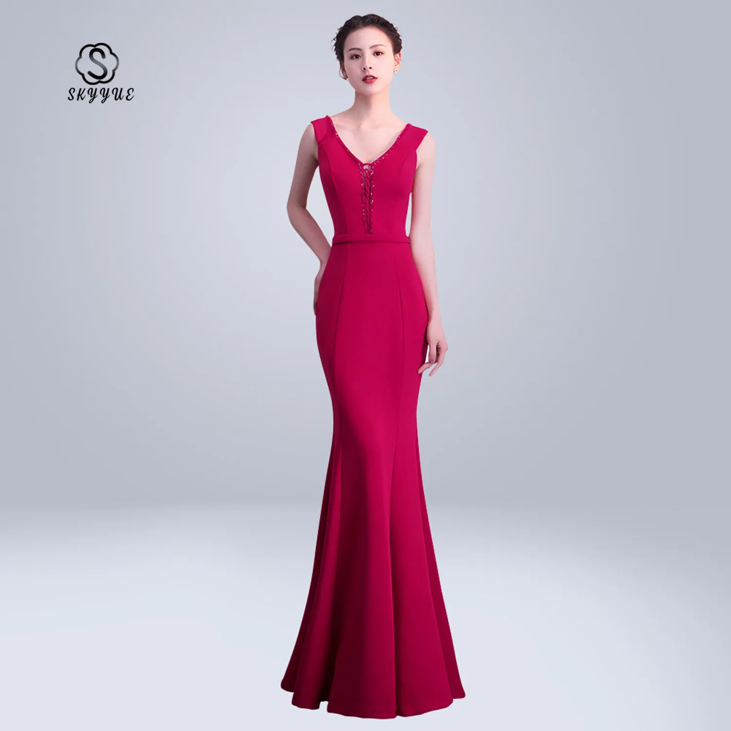 

Skyyue soild V-neck sleeveless Formal Gowns Women Party Dresses floor length Elegant Evening Dress Robe De Soiree 2019 C161