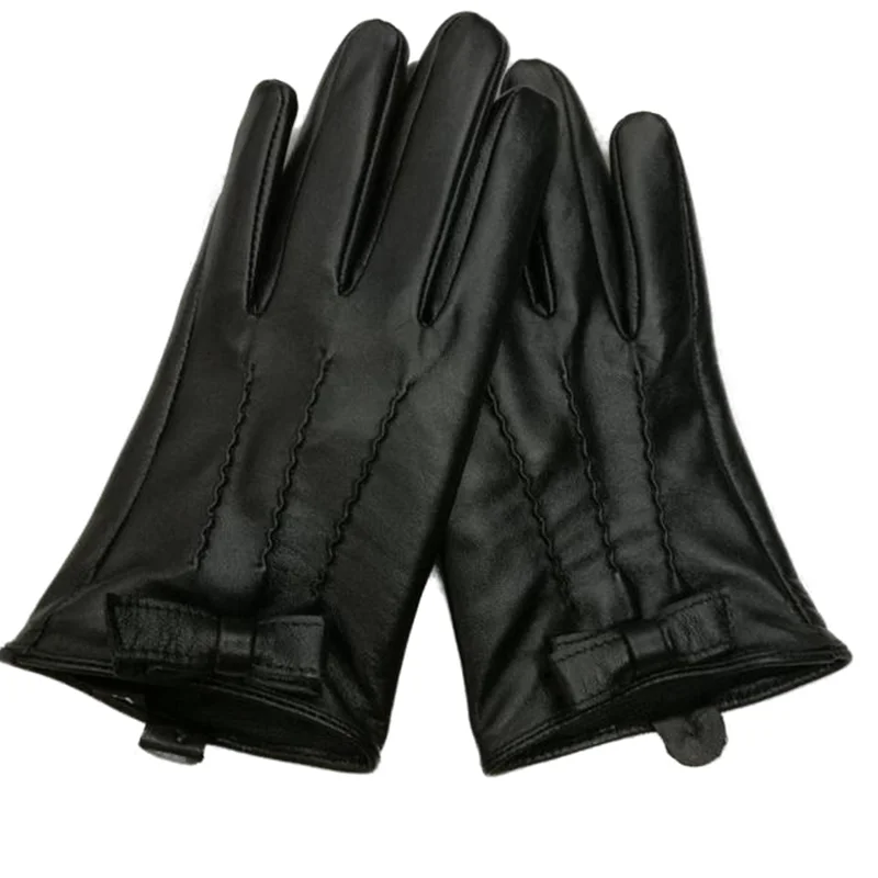 

Winter Bow Sheepskin Gloves Mittens Thick Velvet Full Finger Touch Screen Gloves Women Black Motorcycle Riding Gloves