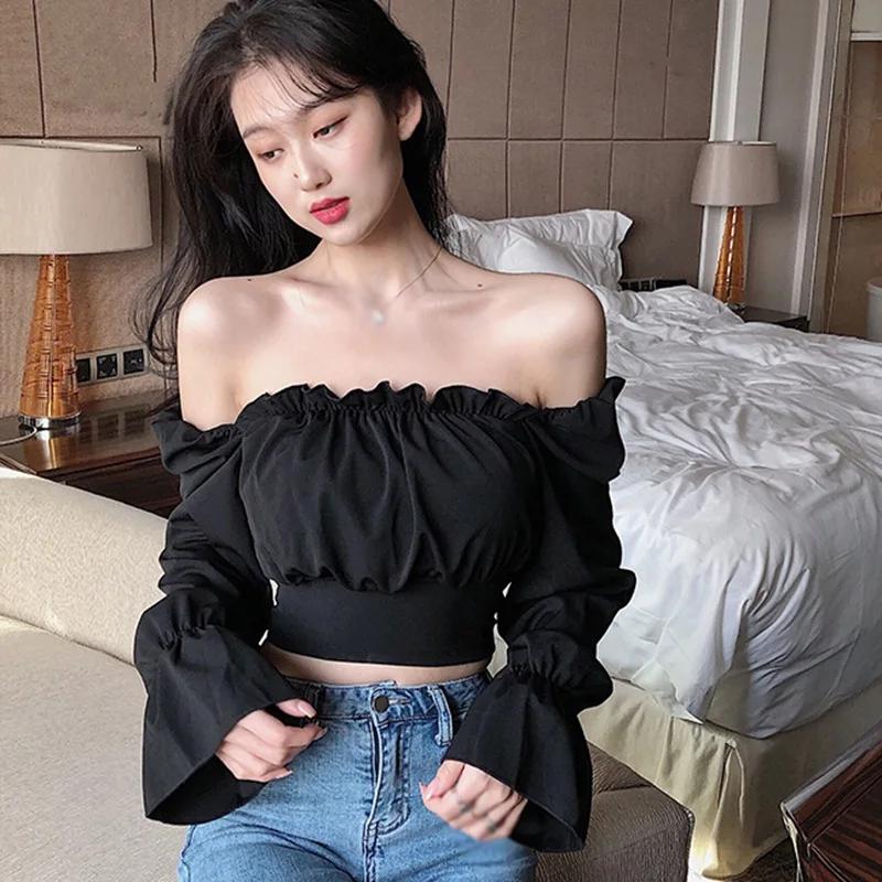 Korean Style Women's Blouses Cross Straps Sexy Slimming Bubble Long-sleeved Shirts Blouses Tops women's shirts & tops