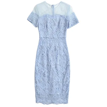 

2020 Season Women's Wear Lace Splicing Shoulder Mesh Waist Slimming Short Sleeve Dress