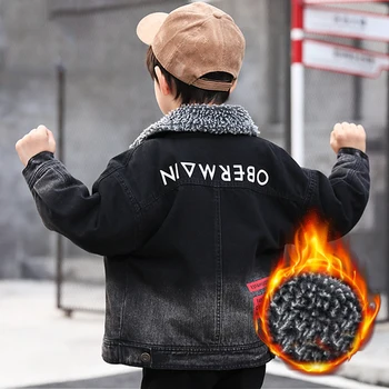 

Children Boys Black Gradient Button Jeans Jacket Velvet Fleece Warm Winter Coat Outfits Denim Boys Jacket Teenager Boy Outerwear