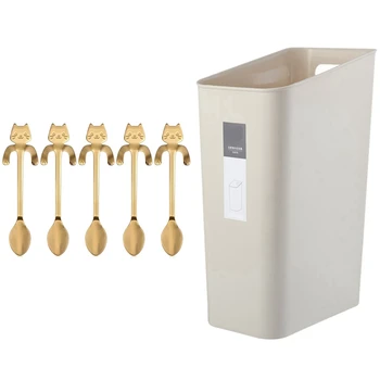 

5 Pcs Mini Cat Coffee Spoon,Stainless Steel (5 Gold Mini Cat) & 1x North European Trash Can Kitchen Bathroom Dustbin