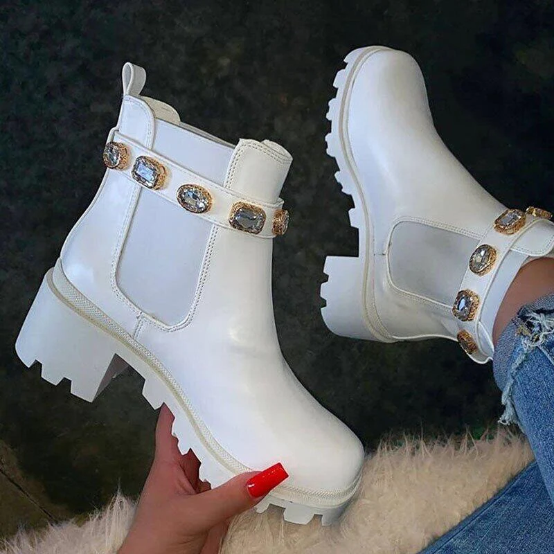 2021 New Women Ankle Boots Crystal Rhinestone Slip On Platform PU Leather Women's Booties Spring Autumn Females Footwear Plus Si Boots near me Boots