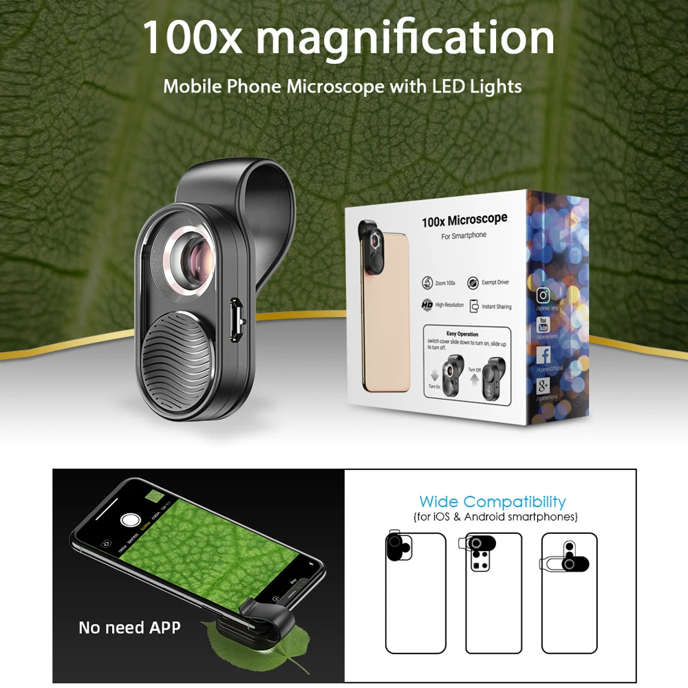 APEXEL100X microscope lens camera phone lens high magnification LED 3