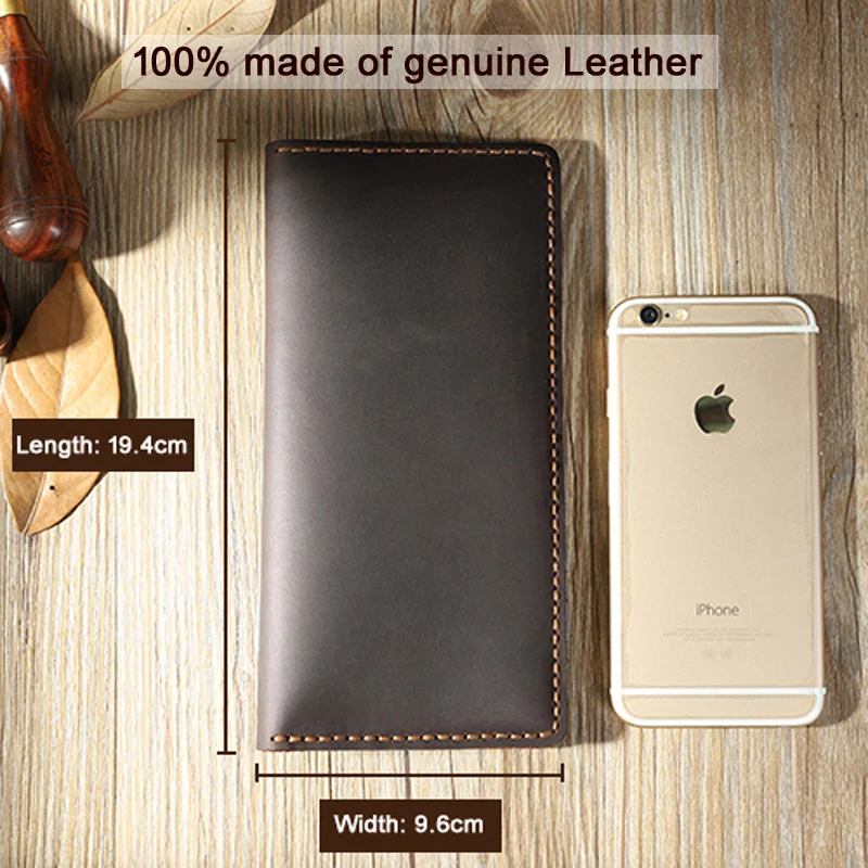100% Handmade Vintage Crazy horse Genuine Leather wallet men long wallet Leather men Purse male money clips money bag Clutch Bag 3