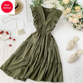 

NEW 2020 V Neck Ruffles Midi Dress Summer Party Tank Sundress Women Casual High Waist Beach Holiday Vestido de festa Autumn