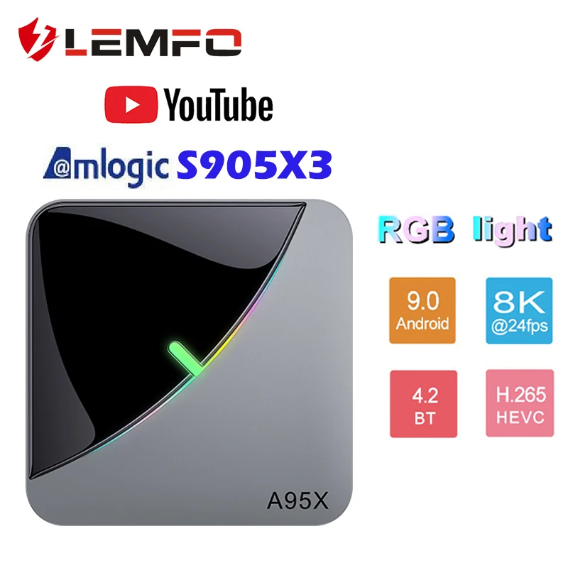 

LEMFO RGB Light TV Box 8K S905 X3 A95X F3 Air Android 9.0 Support IPTV 4GB Ram 64GB Rom Wifi Bluetooth Youtube Android TV Box