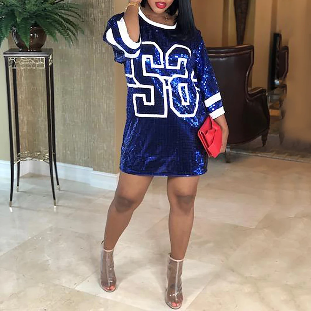 Women Long Sleeve Dresses Letter Print Mini Dress Ladies Bling Bling Sequined Party Dress Casual Hip Dresses sexy vestido D30