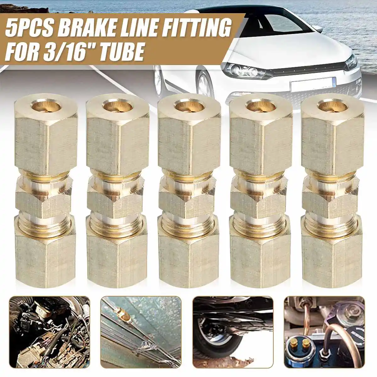 5/10pcs Brass Straight Reducer Compression Fitting Connector For 3/16" OD Tube Hydraulic Brake Lines Union Adapters