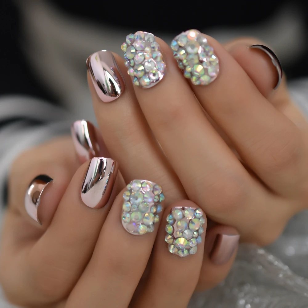 Gorgous Luxury Nails Champagne 3D diseño AB diamantes de imitación uñas  postizas tamaño Normal metálico ovalado consejos personalizados|Uñas  postizas| - AliExpress