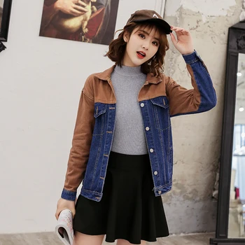 

Spring Colorblock basic Bomber denim jacket woman long sleeve Lapel Frayed Jean Jackets Button Up slim Cropped denim jacket for