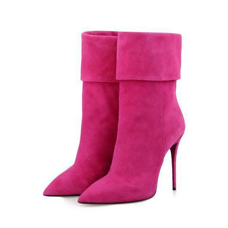

Solid Suede High Heel Stiletto Boots Pointed Toe Turned Over Winter Shoes Rosy Red Color Customized Manufacturer Short Boots