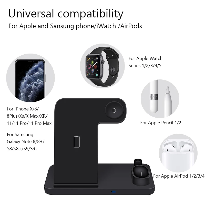 Беспроводной Зарядное устройство 4 в 1 10 Вт быстрой зарядки для iPhone 11/11pro/X/XS/XR/Xs Max/8/8plus для наручных часов Apple Watch, 5, 4, 3, 2, Airpods карандаш Pad