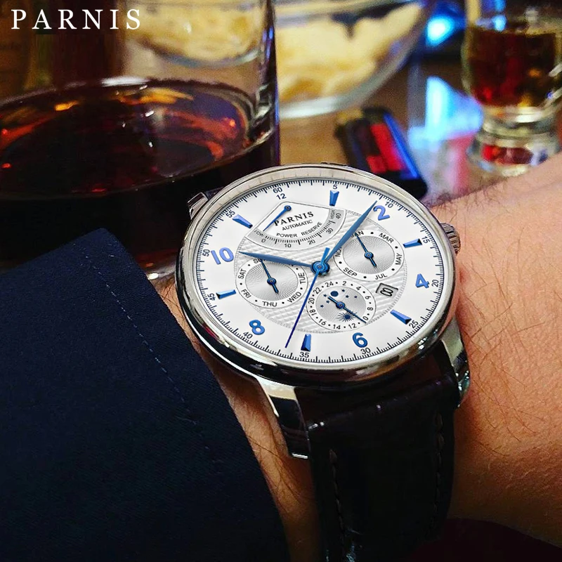 Модные автоматические часы Parnis 43 мм с Лунной фазой и резервным зарядом мощности