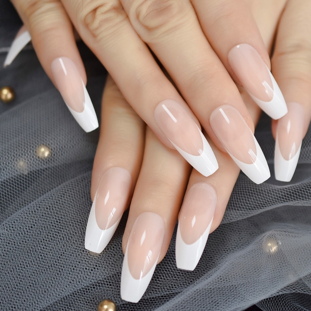 Long STILETTO False Nails Pre-designed Curved Pink Marble Press On Nails including glue sticker