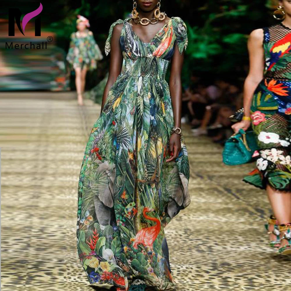 

Runway Summer Dress Women's Bow Tie Strap Backless V-Neck Elastic Waist Green Jungle Animal Floral Print Chiffon Long Dress