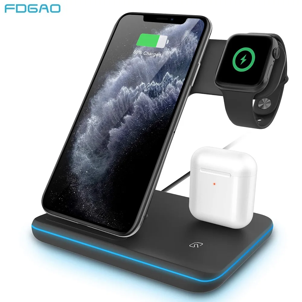 

FDGAO 3 in 1 Qi Wireless Charger 15W Fast Charging Stand for iPhone 11/11pro/X/XS/XR/Xs Max for Apple Watch 5 4 3 2 Airpods Pro