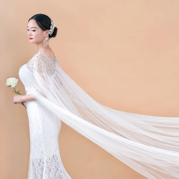 

TOPQUEEN Elegant Bridal 3M Long Cloaks Luxury Rhinestones Crystal Tassel Wraps Plus Custom Made Tulle Party Cloak Bride Shawl