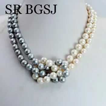 

Free Shipping 8-9mm 3A Round White&Gray Freshwater Pearl Knot 2-Strand Jewelry Necklace 18"