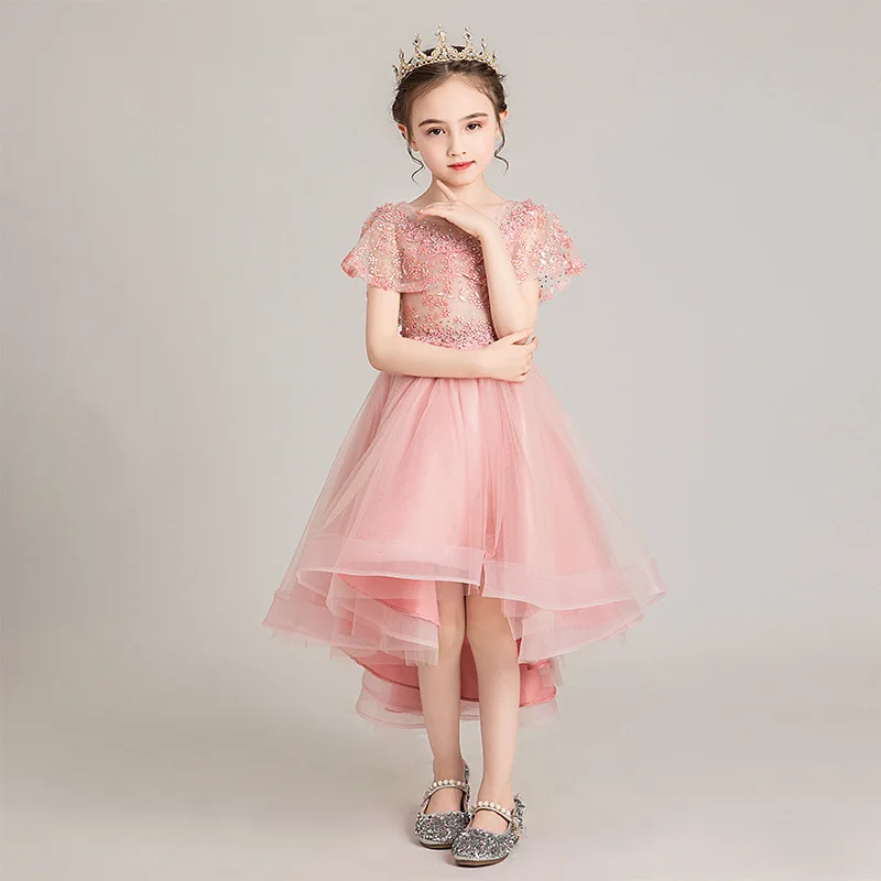 Бальные платья высокого качества с кружевной аппликацией и бусинами, пышное длинное платье для первого причастия для девочек, торжественное платье для свадебной вечеринки - Цвет: pink tail