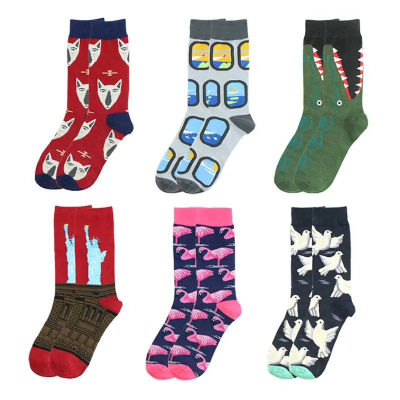 

Adult Mid Calf Crew Funny Animal Socks Fox Face Peace Dove Flamingo Crocodile Portlight Statue of Liberty Ship Anchor Window Sox