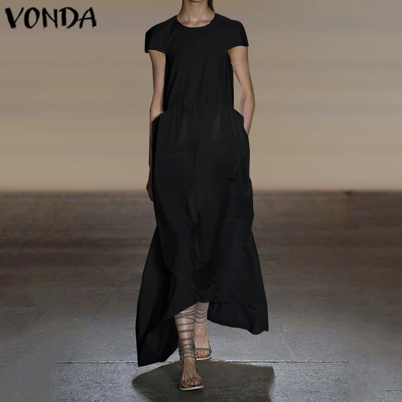 VONDA/летнее платье, женские сарафаны, богемные, сексуальные, с круглым вырезом, карманами, с коротким рукавом, винтажные, макси, длинные платья, большие размеры, Vestidos