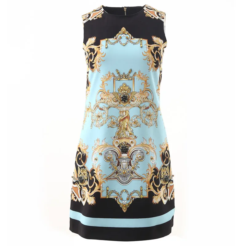 

Autumn Vintage Designer Dress 2020 Spring Summer Women Fashion New Sleeveless Beading Sky Blue Prit Elegant Dress