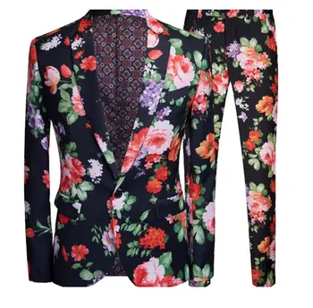 

Black print wedding punk suit set men slim business outfit blazer Vintage Flower Printing coat banquet graduation party costume