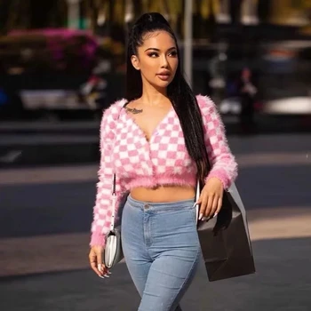 

Women Check Fluffy Cropped Cardigan With Sweetheart Button Placket In Pink And White Deep V Neck Crop Knit Jumpers Sweater