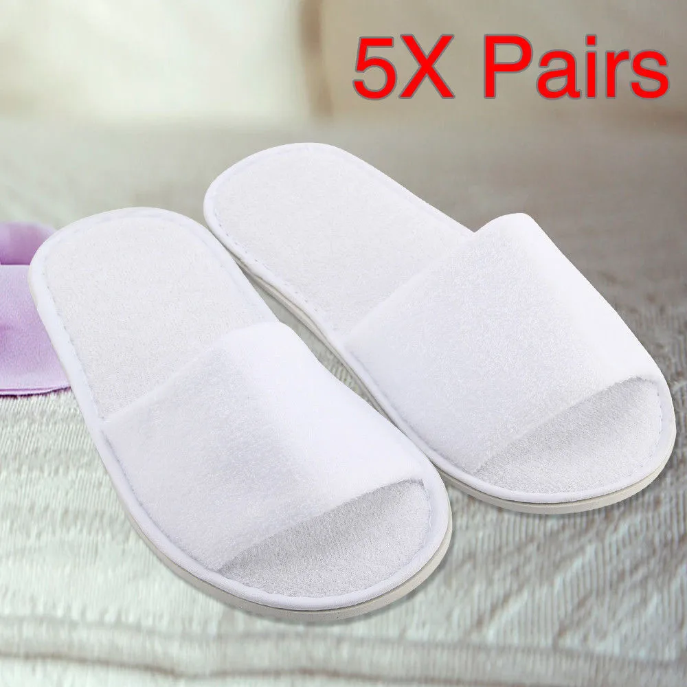 

5 Pairs Indoor Slippers Towel Shoes Home Flat Flip Flop Spa Hotel Guest Slippers Open Toe Towelling Disposable Terry Style