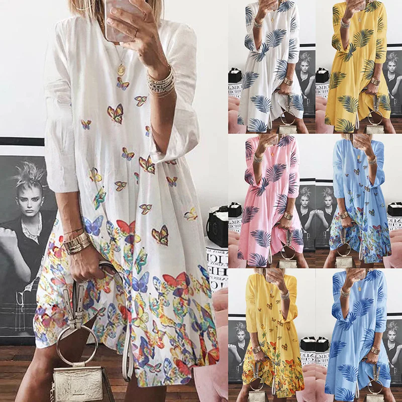 

European American Women's Round Neck Loose Leaf Print Large Dress 2019 Autumn New Party Dress Vestidos De Verano Robe Femme
