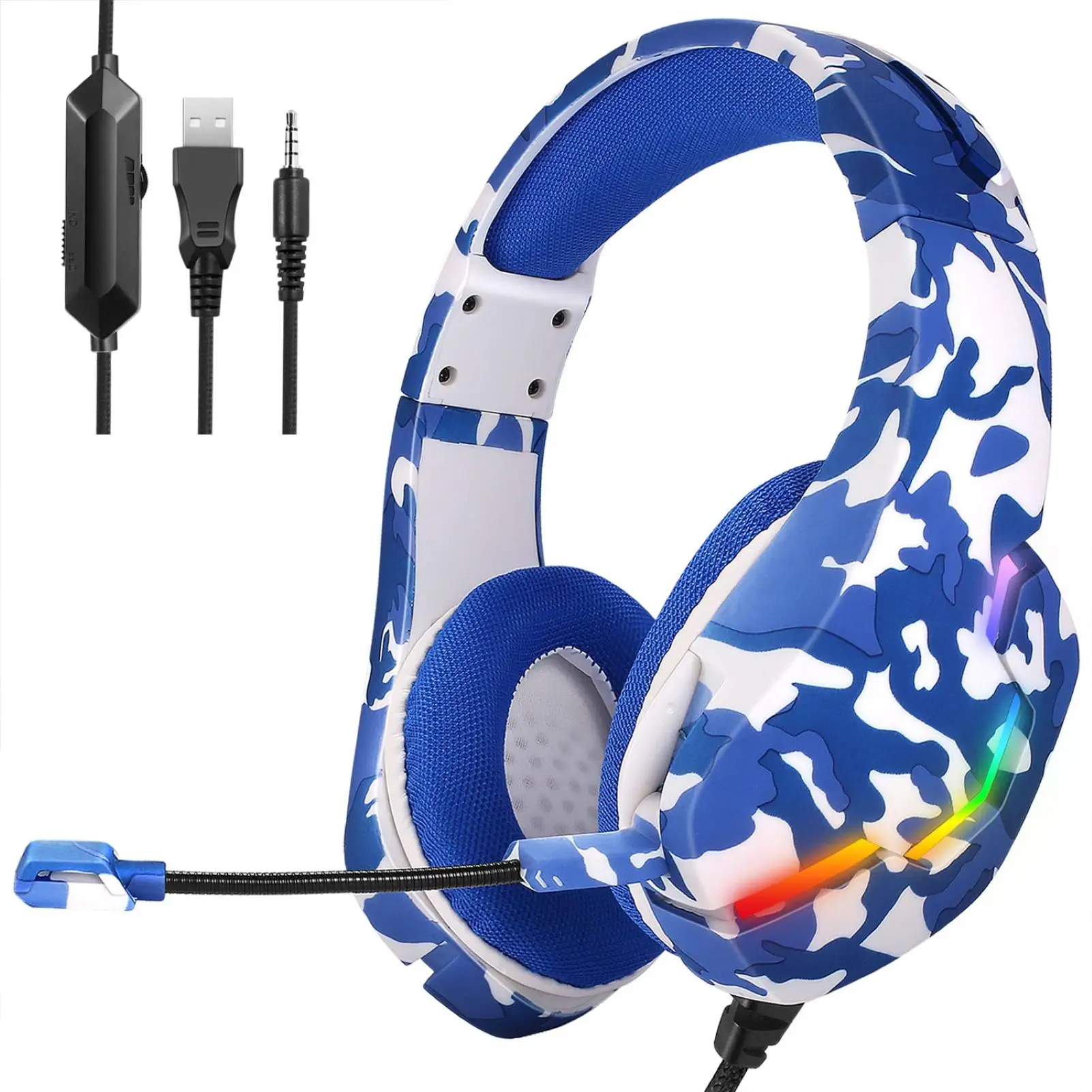 J10 Camouflage Gaming Headset Headphone with Microphone Stereo Earmuffs Lights