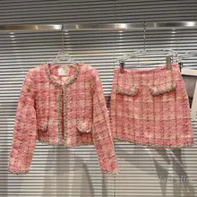 Pink Tweed Plaid Skirts Set Woman 2021 Winter New Diamond Edge Short Coat + Package Hip Mini Skirt Sweet Ladies Two Piece Sets