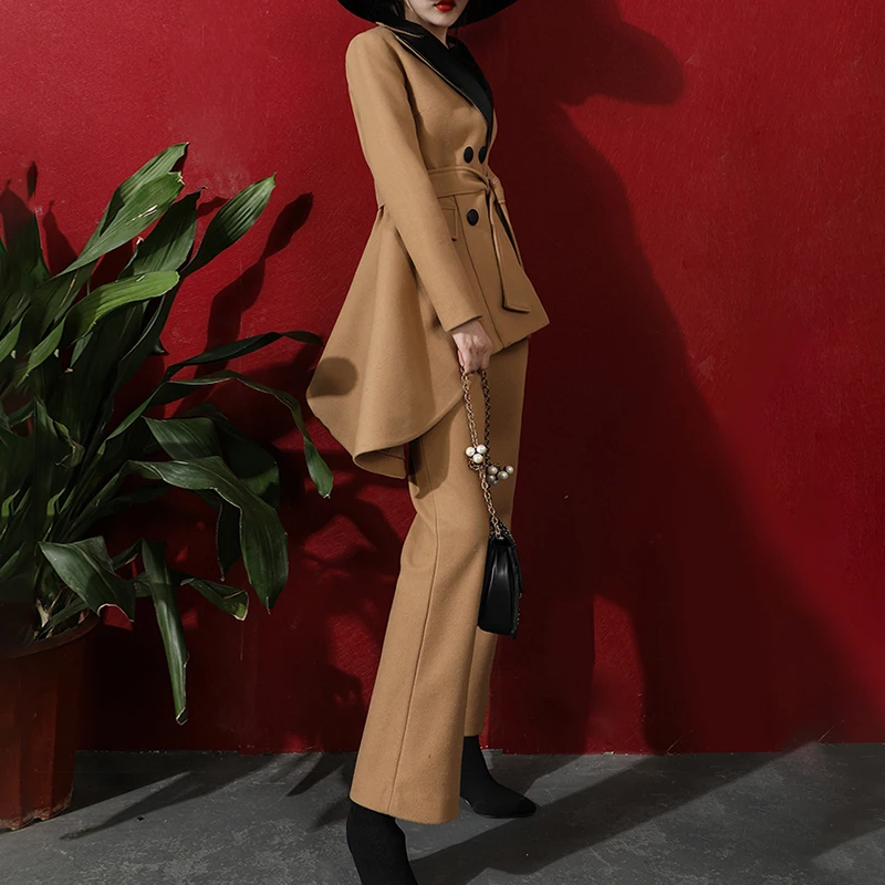 TWOTWINSTYLE хит цвет комплект из двух предметов женский воротник с лацканами с длинным рукавом ассиметричное пальто брюки с высокой талией повседневный костюм женский