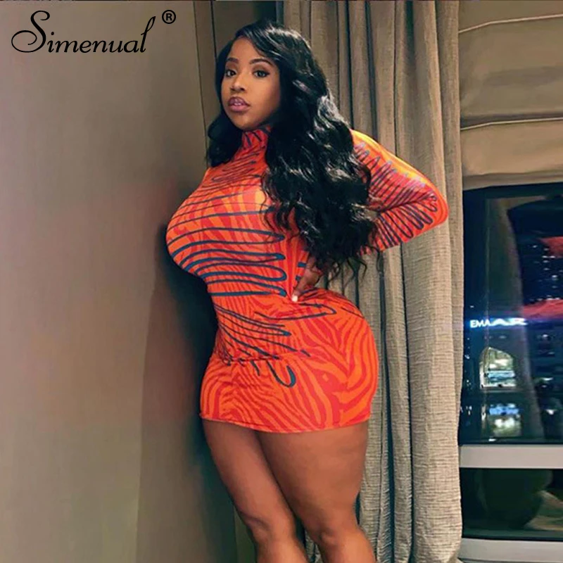 Tanie Simenual wydrukowano Sexy Fashion 2019 Mini sukienka kobiety z długim rękawem jesień gorąca impreza sukienki bandażowe typu bodycon Skinny Slim kobieta Clubwear nowy