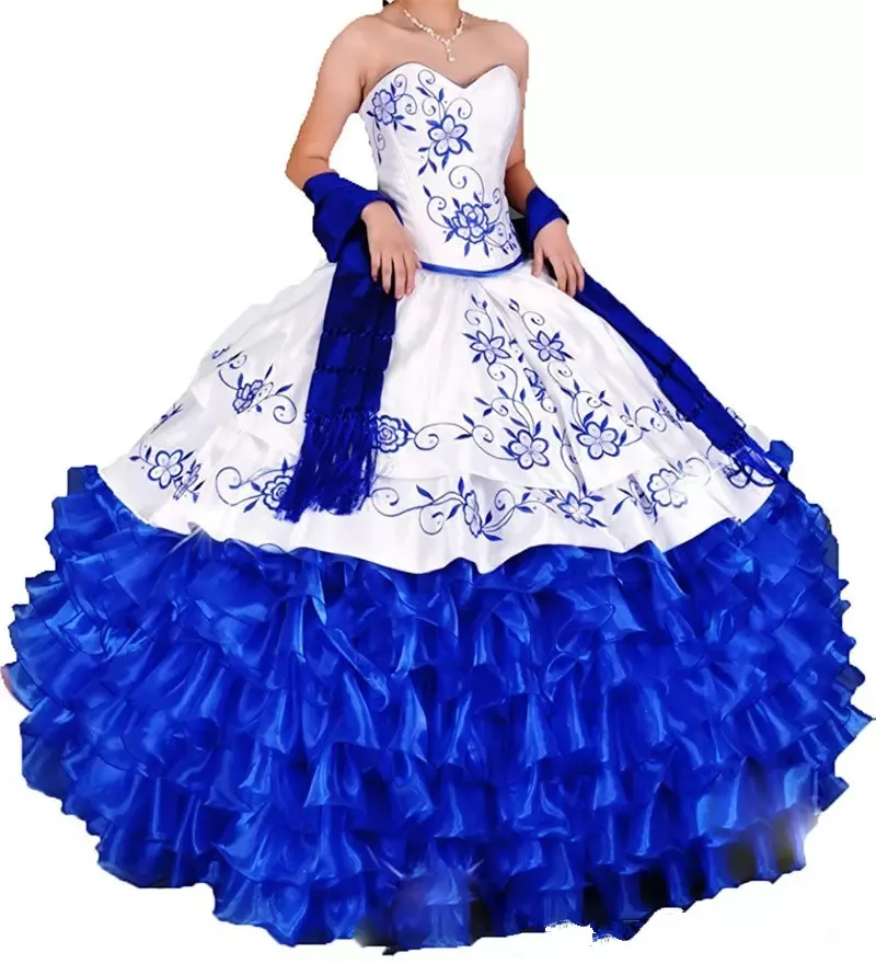 Royal Blue Винтаж Белый Синий Вышивка бальное платье Бальные платья верх из органзы и кружева размера плюс сладкий 16 платье Vestido Дебютант платья - Цвет: Royal Blue