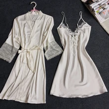 Осень стиль шелковые пижамы женские из двух частей халат модный прекрасный сексуальный V образным вырезом Женская домашняя одежда ночное платье большой размер