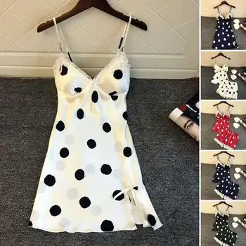 

2020 Satin Silk Casual Pajamas Women Nightgowns Lace Stitching Elegant Sleepwear Sleeveless Straps Sexy Polka Dot Pajama Sets