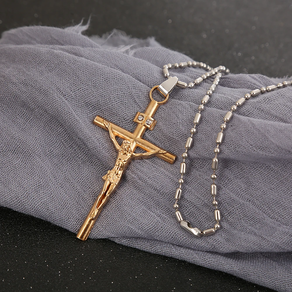 Htzzy New 3.3*5.8CM Pendant Necklace for Men Vintage Gold Crystal Jesus Cross Fashion Jewelry with 60 Cm Chain | Украшения и