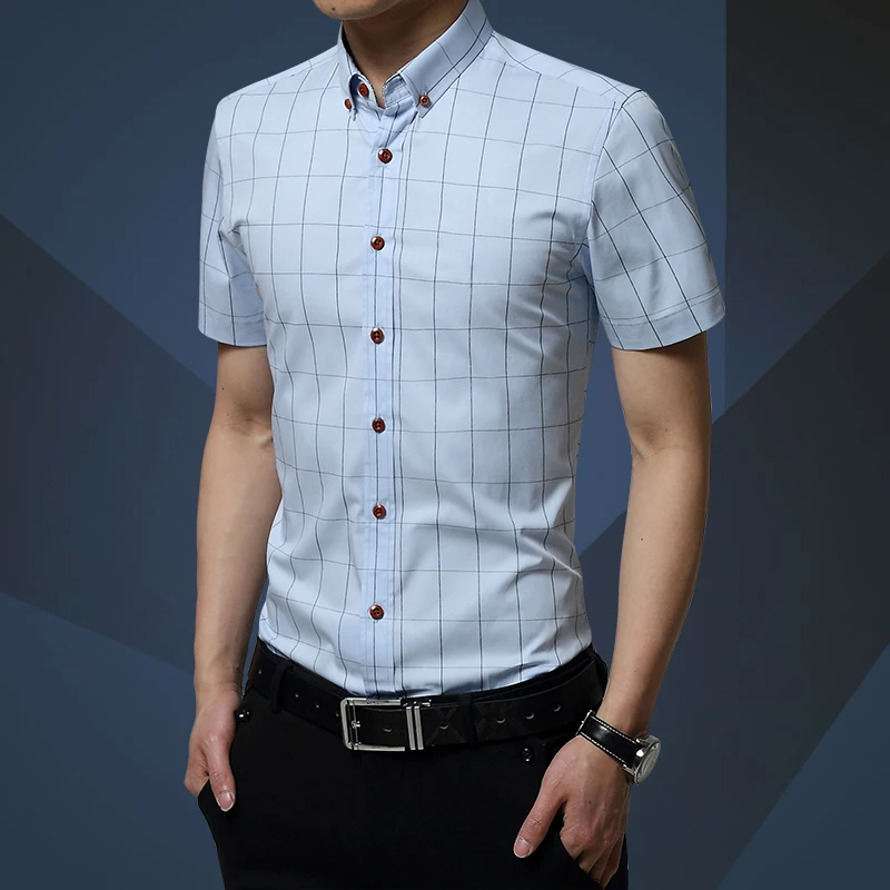 Мужская клетчатая рубашка Повседневная Деловая тонкая Baju мужская белая синяя рубашка с коротким рукавом рабочая одежда для образа жизни большие размеры M-5XL - Цвет: 6-light blue
