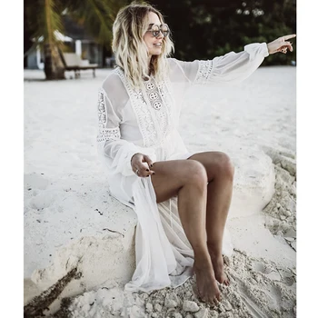 

2020 Sexy Chiffon Beach Dress Lace Crochet Bikini Swimwear Women Cover Up Long Tunics Bathing Suits Cover Ups Summer Beach Wear