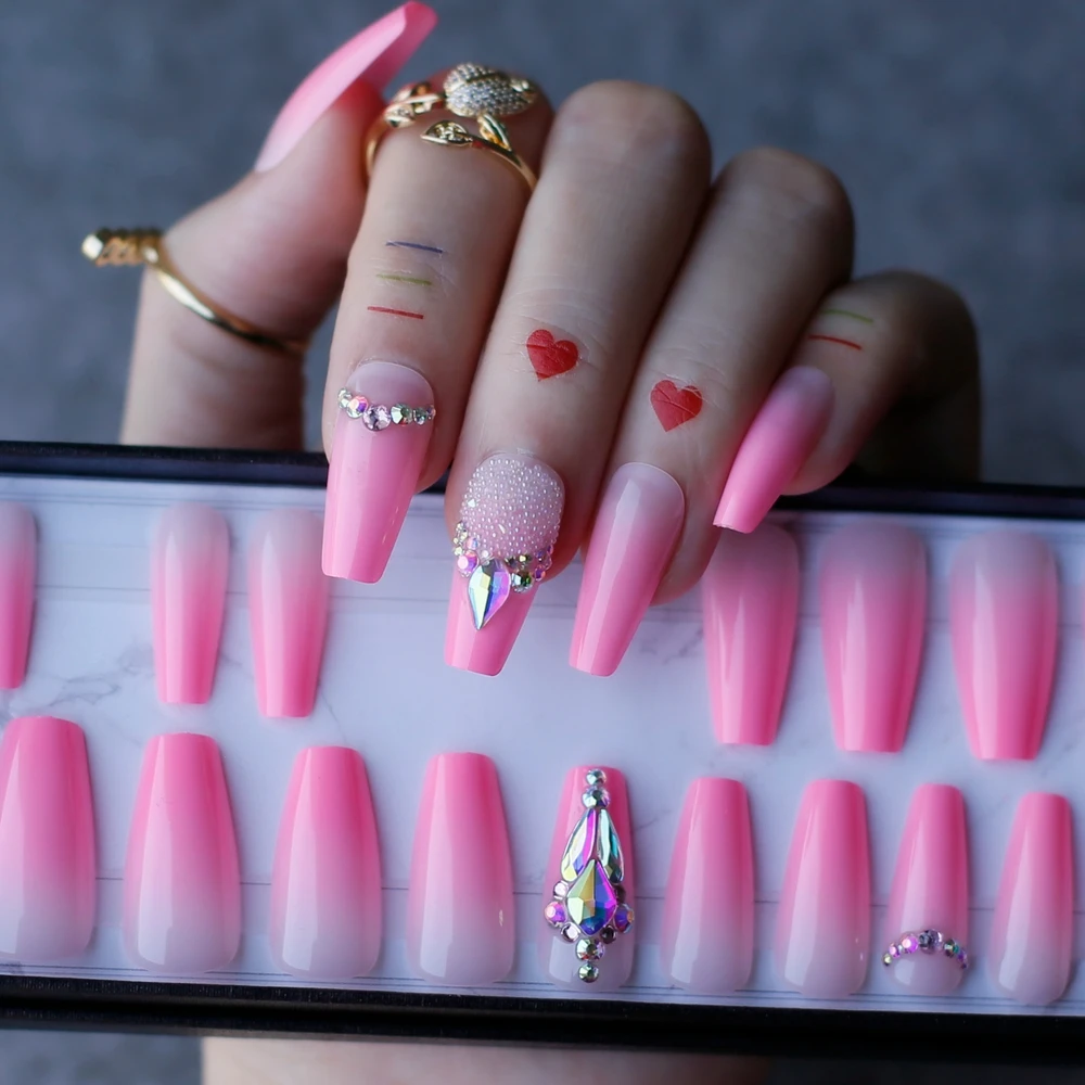 Uñas acrílicas de longitud media, Uñas postizas de cristal de color rosa  degradado, estilo DIY, conjunto de caja de regalo para novia - AliExpress  Belleza y salud