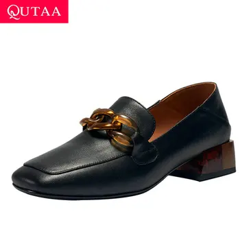 

QUTAA 2020 Retro Square Toe Slip on Single Shoes Square Heel Women Pumps New Spring Quality Cow Leather Ladies Shoes Size 34-42