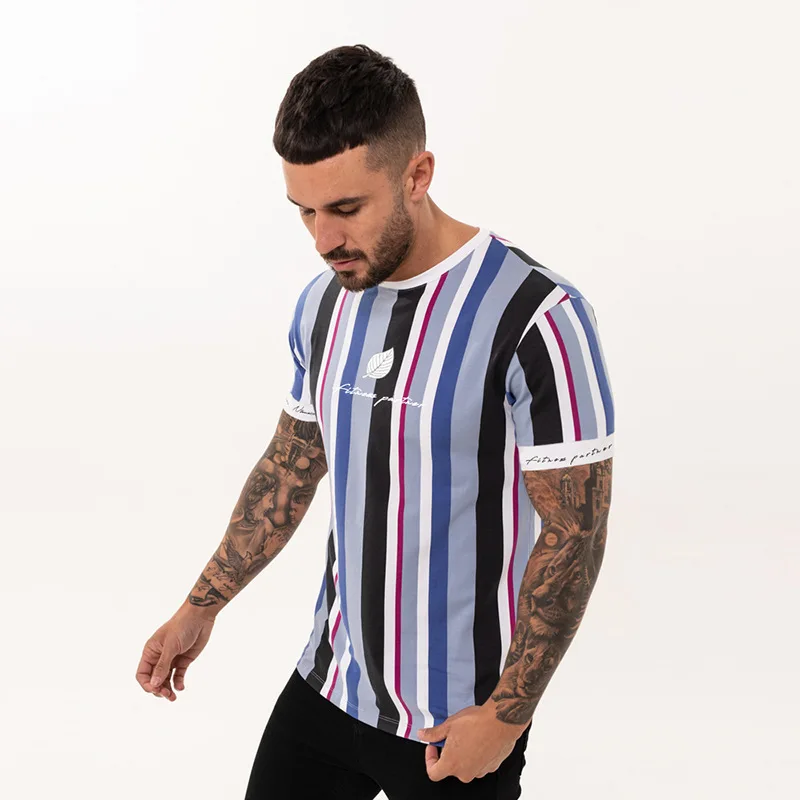 2019 New Mens Summer Striped t shirt Gyms Short sleeve T-shirt Casual Fashion Hip hop Tees Bodybuilding Slim Jogger tops Shirts